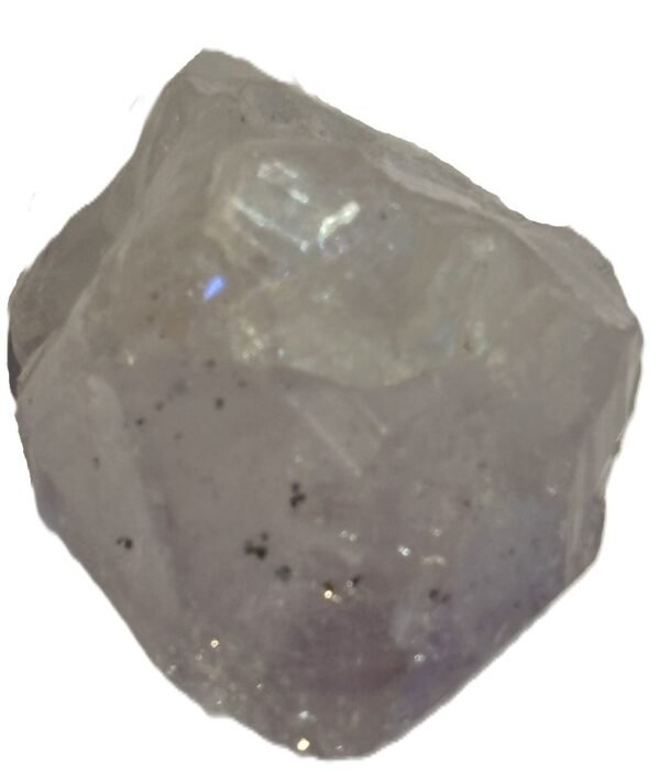 Angel aura quartz polished freeform point b sians emporium Polished angel aura quartz freeform point standing upright with natural striations and cut faceted termination on a plain background